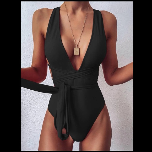 Black Plunging Backless One Piece Swimsuit - Picture 2 of 5